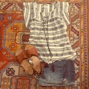 Loft Navy and cream peasant top sz M